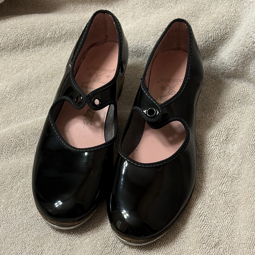 Capezio Tele Tone Tap Dance‎ Shoes Black Patent Leather Kids Dancing Taps Sz 1N